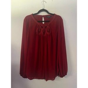 Max Edition Blouse Womens Size XL Red lace Neck Long Sleeve Top
